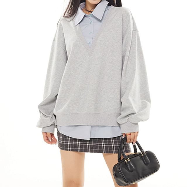 KUMI-Mock Two-Piece Collar Two Tone Sweatshirt
