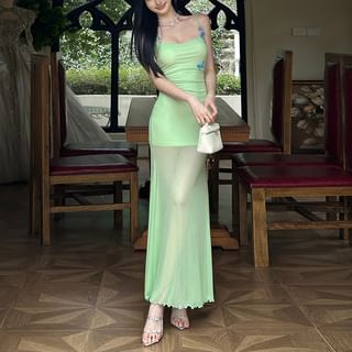 Sugarcoat Spaghetti Strap Plain Sheer Maxi Bodycon Dress Sale