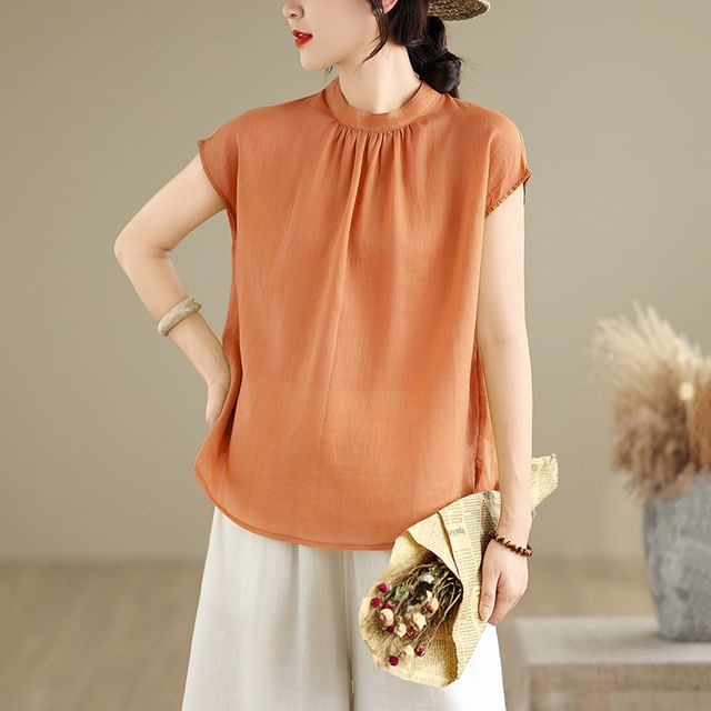 Lewwe-Cap Sleeve Mock Neck Plain Gathered Blouse