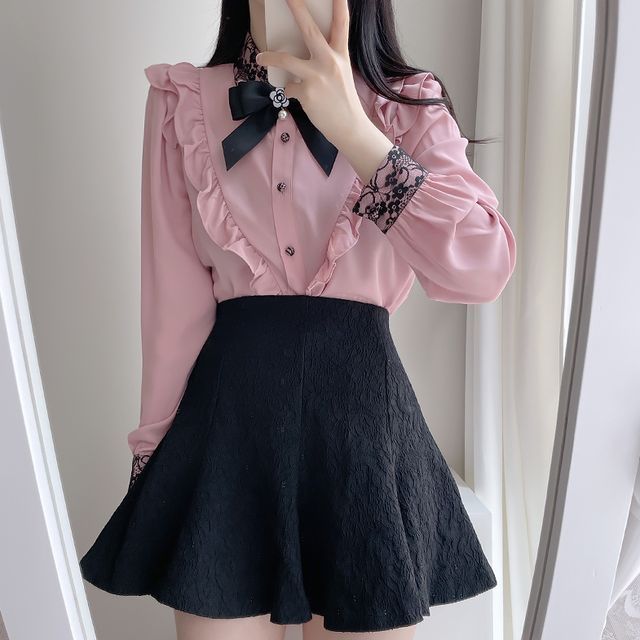 RONIN - Long-Sleeve Collared Lace Ruffle Trim Blouse | YesStyle