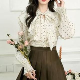 Everose-Long Sleeve Tie Neck Dotted Ruffle Blouse