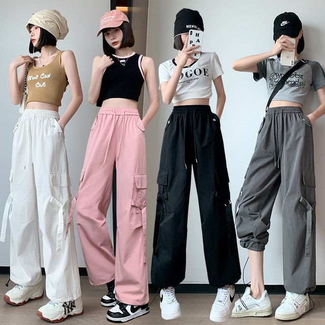 Supernova-High Waist Plain Drawstring Cargo Baggy Pants