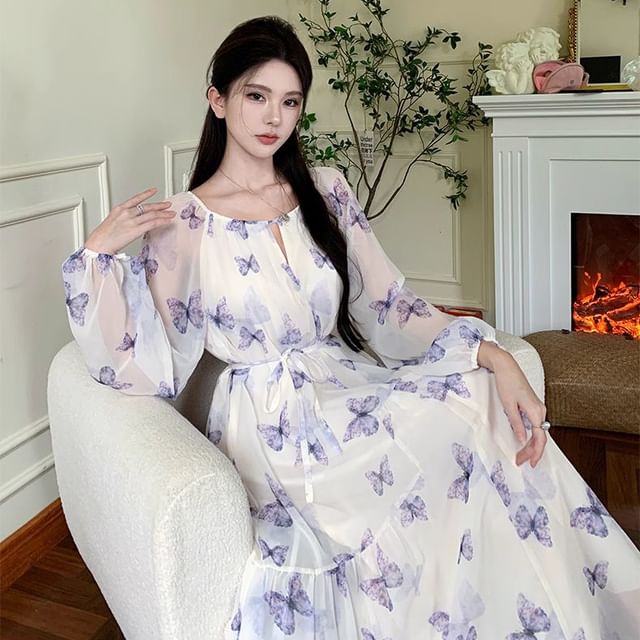 LeSorene - Long-Sleeve Round Neck Butterfly Print Keyhole Panel Maxi A-Line  Dress | YesStyle