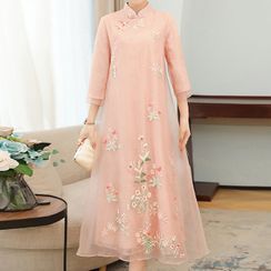 Goldeon - 3/4-Sleeve Floral Embroidered Midi A-Line Qipao Dress