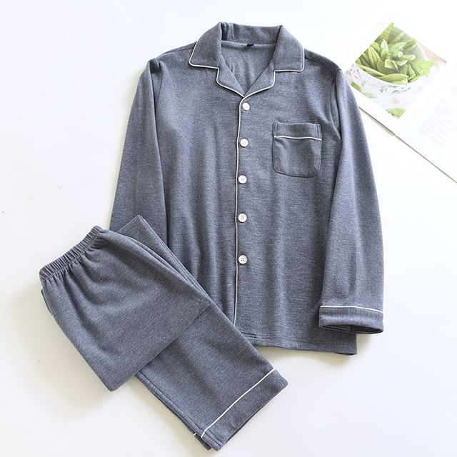 Dogini-Pajama Set Long-Sleeve Lapel Collar Button Top Pants