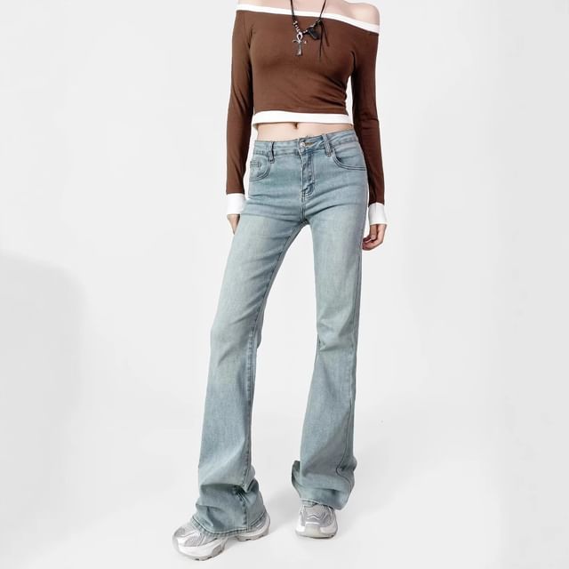 Asiris-Mid Waist Washed Flared Jeans