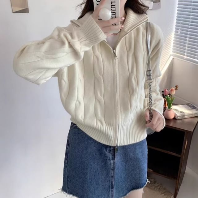 Hevnir-Cable Knit Zip-Up Plain Cardigan