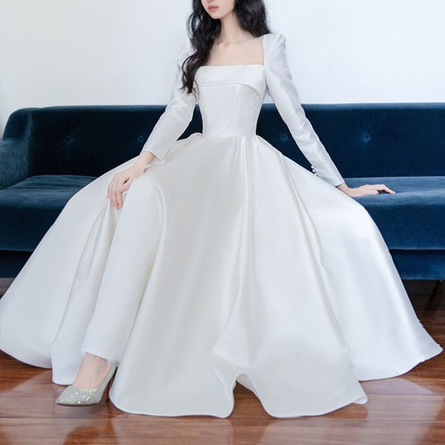 aidrind - Long-Sleeve Square Neck Plain A-Line Wedding Gown | YesStyle