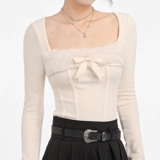 CRIBI-Long-Sleeve Square Neck Plain Crop Top