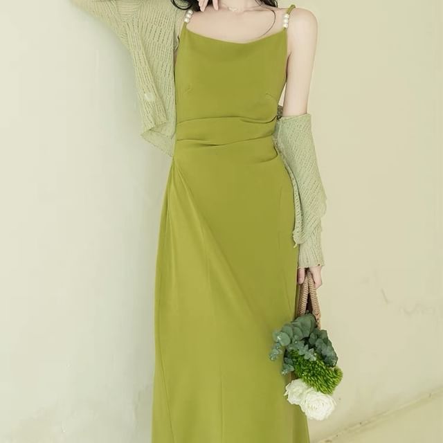 Nebbia-Spaghetti Strap Plain Maxi A-Line Dress Light Jacket Set
