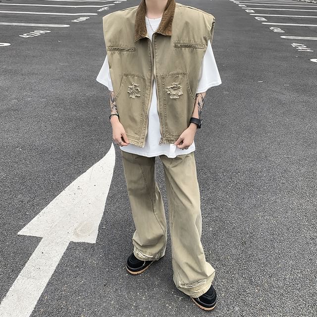Hushgrain-Set Collared Plain Distressed Zip Vest Mid Rise Plain Wide Leg Pants