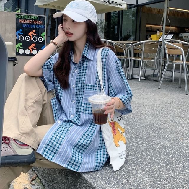 Iduna-Elbow-Sleeve Button-Up Plaid Shirt
