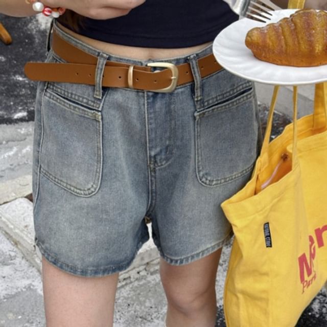 PANDAGO-Mid Waist Washed Denim Shorts