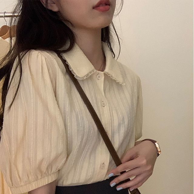 Everose-Short-Sleeve Collared Plain Blouse