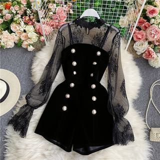 Yearnin Set: Long Sleeve Mesh Top + Double Breasted Velvet Playsuit Sale