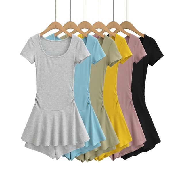 Asiris-Short-Sleeve Scoop Neck Plain Mock Two-Piece Romper