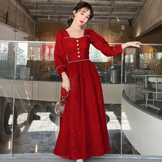 FullBloom - 3/4-Sleeve Midi A-Line Velvet Dress | YesStyle