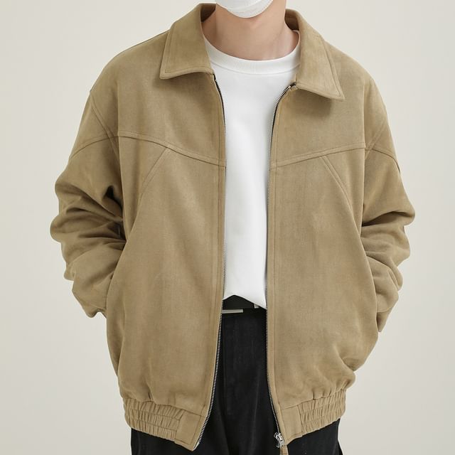 DAZO Studios-Collared Plain Zip-Up Faux Suede Jacket