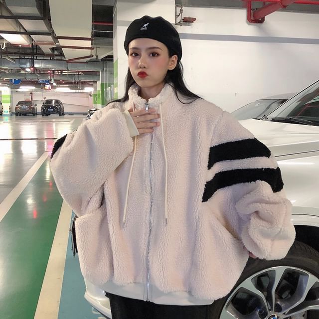 Sienne-Mock Neck Two Tone Fleece Zip-Up Jacket