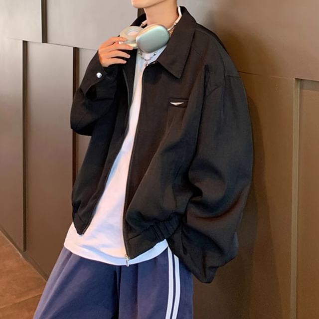 Trimecca-Collared Plain Zip Up Bomber Jacket
