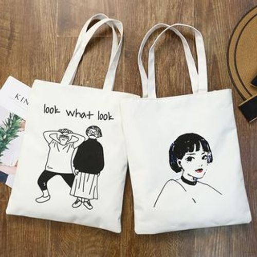 Korean Style Logo Printed Canvas Tote Bag