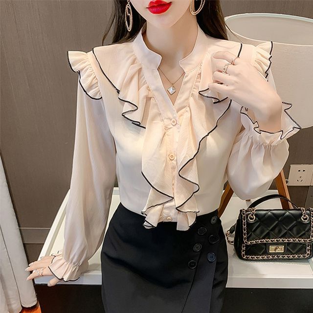 Everose-Puff-Sleeve V-Neck Contrast Trim Ruffled Blouse