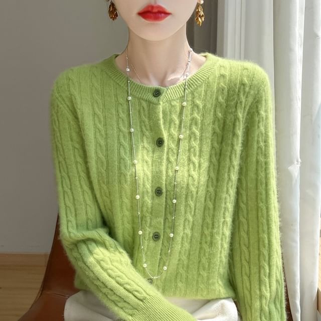 Weelop-Crew Neck Plain Cable Knitted Cropped Cardigan