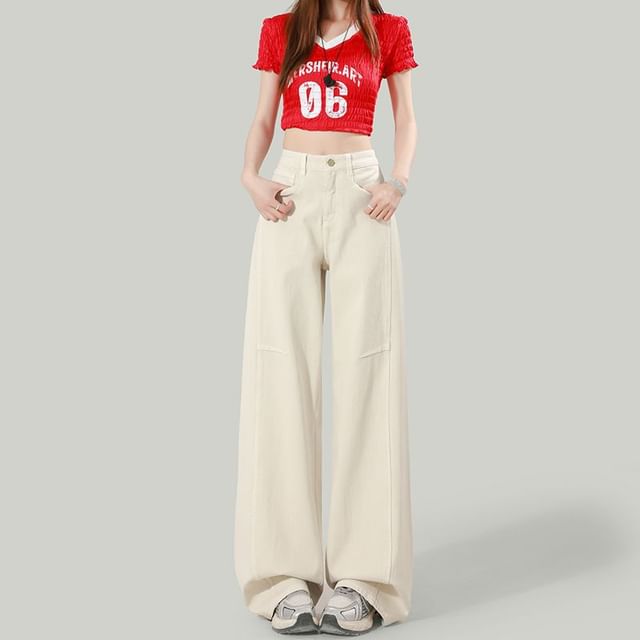 Denimot-High Waist Plain Wide Leg Jeans