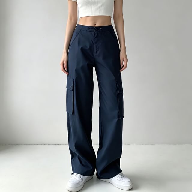 Shira-Drawstring-Hem Straight-Cut Cargo Pants in 7 Colors