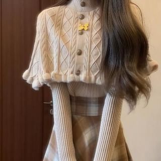 Nebbia-Set Turtleneck Plain Cable Knit Cape Ribbed Knit Sweater High Waist Plaid Midi A-Line Skirt
