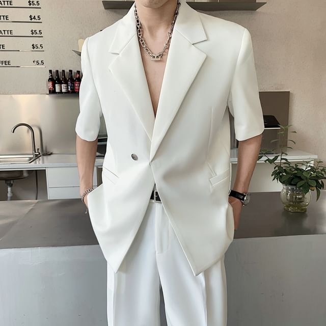 Orungeetun-Short-Sleeve Lapel Collar Plain Button Blazer