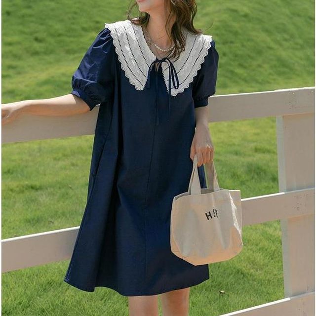 GUTU - Puff-Sleeve Lace Peter Pan Collar Color Panel Dress | YesStyle