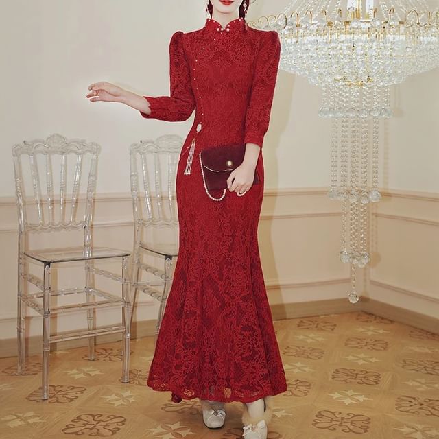 sansweet - Long Sleeve Stand Collar Floral Lace Mermaid Wedding Gown |  YesStyle