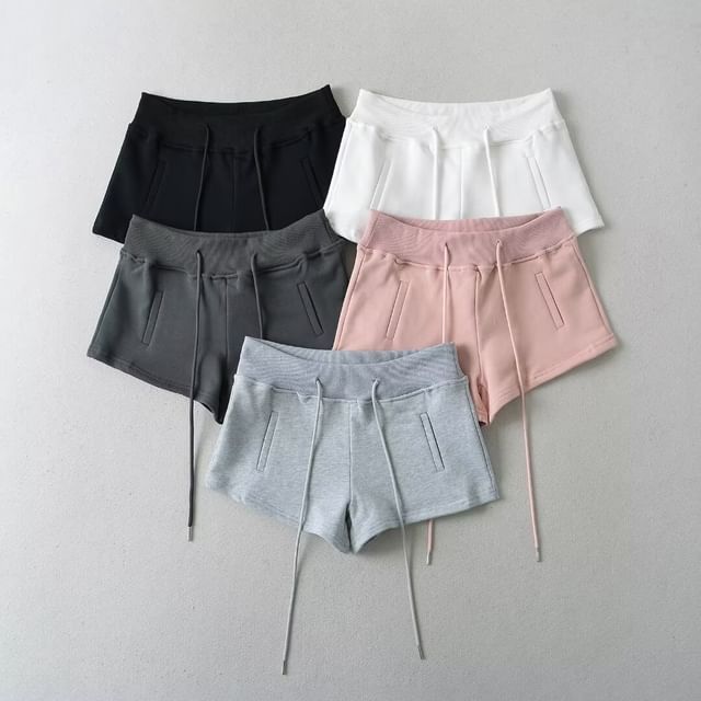 Hollahop-Drawstring Waist Plain Hot Pants