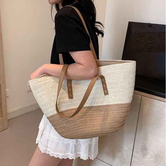 Skyglow-Two Tone Structured Straw Tote Bag