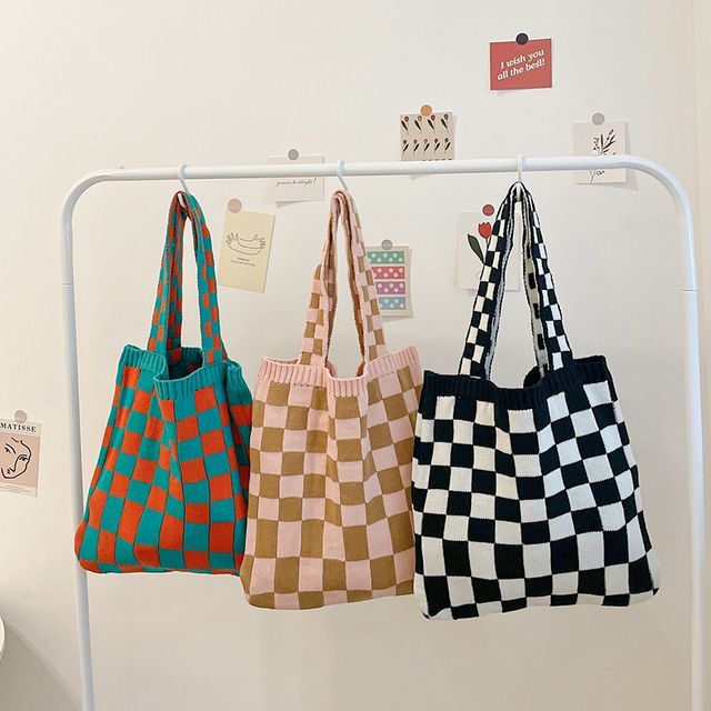 Knitted Checkered Tote Bag – Chic Stories