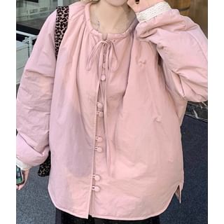 Trendycas-Round Neck Panel Tie Front Button Puffer Jacket Elastic Waist Dotted Wide Leg Pants