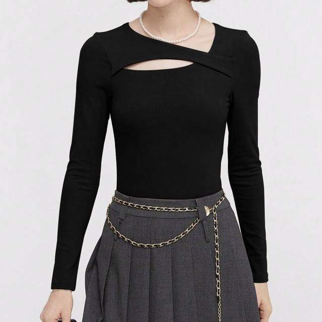 Asiris-Long-Sleeve Asymmetrical Neck Plain Panel T-Shirt