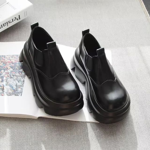 STEPUP-Platform Plain Faux Leather Slip-Ons