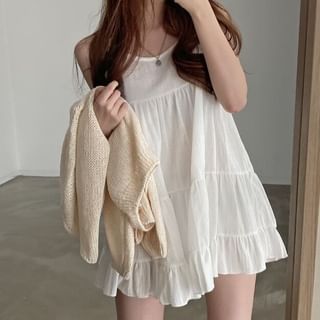 Tulstrix-Spaghetti Strap Plain Tiered Mini A-Line Dress