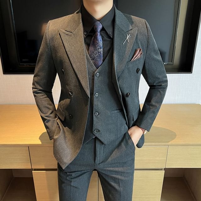 Blueforce-Set Peak Lapel Plain Double-Breasted Blazer V-Neck Single-Breasted Vest High Waist Straight Leg Dress Pants