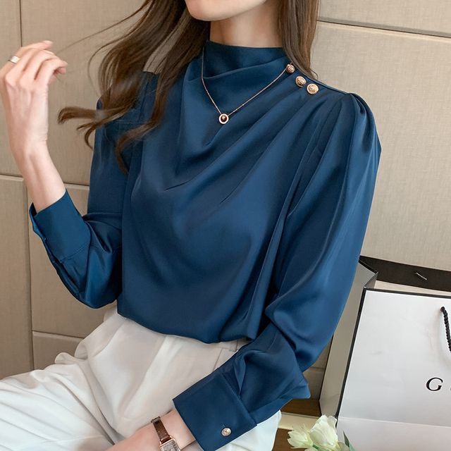 Lewwe-Long-Sleeve Mock-Neck Plain Blouse