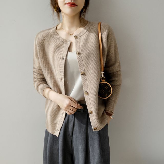 Weelop-Crew Neck Plain Cardigan