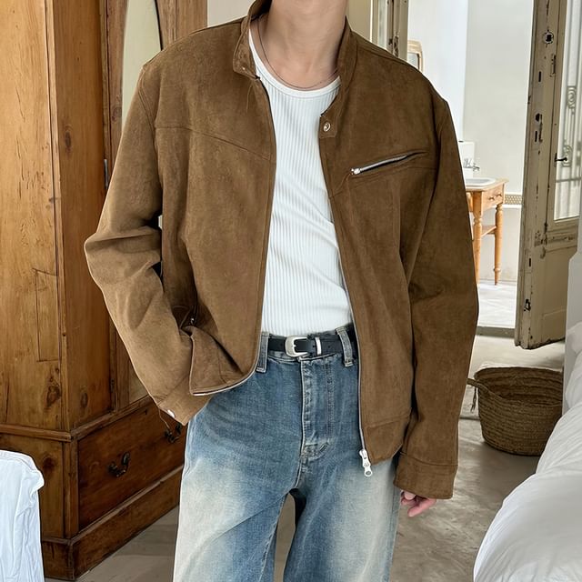 Okwano-Stand Collar Plain Faux Suede Zip Jacket