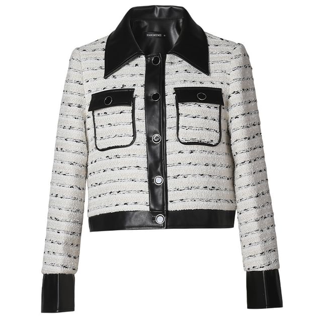 Woohan-Collared Tweed Panel Faux Leather Button Jacket