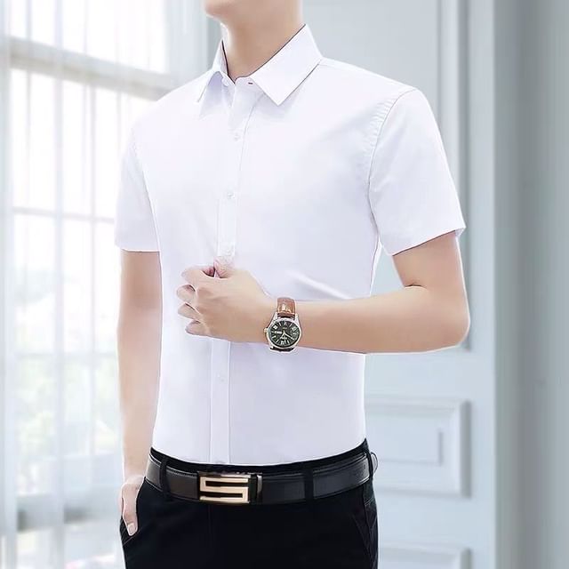 Macho-Short Sleeve Collared Plain Shirt