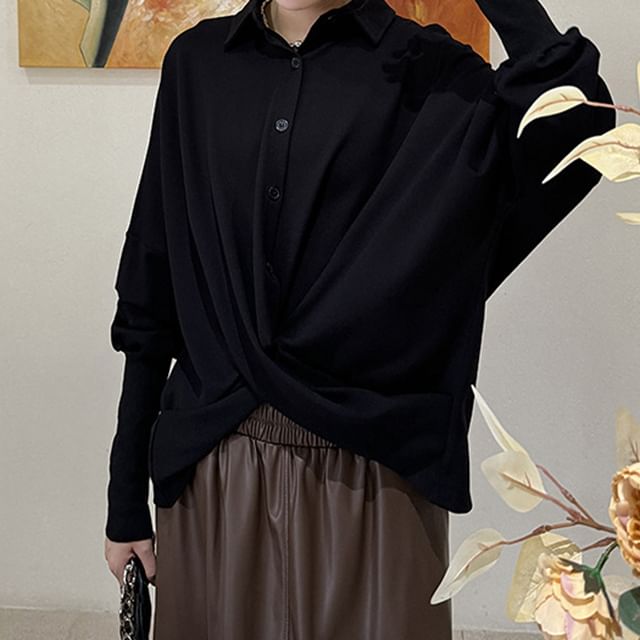 KUMI-Collar Plain Asymmetrical Button Sweatshirt