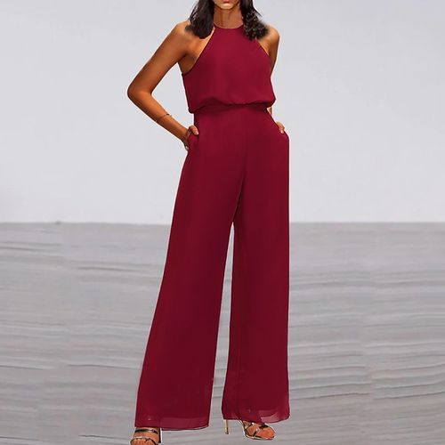 Triomphe - Sleeveless Crew Neck Plain Wide Leg Jumpsuit