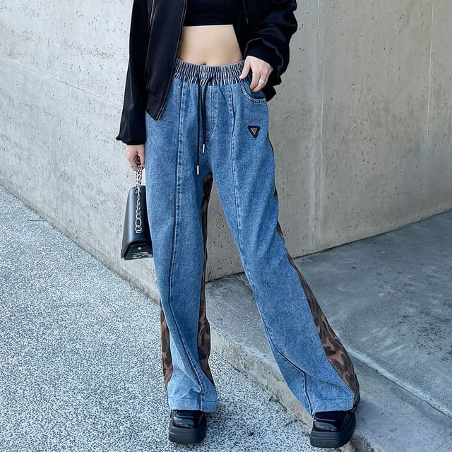 KUMI-Drawstring Waist Leopard Print Panel Washed Wide Leg Jeans