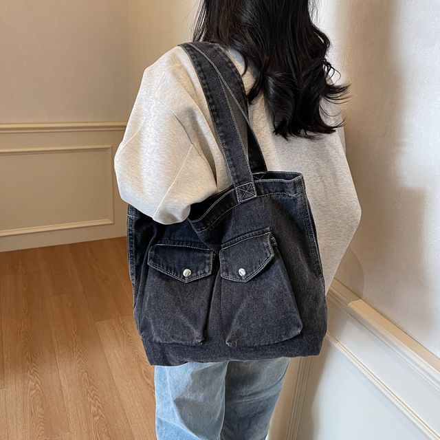 Hikuozy-Washed Denim Tote Bag
